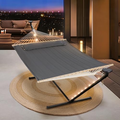 SUNCREAT Double Hammock with 12 ft Stand, Solar Powered Lights