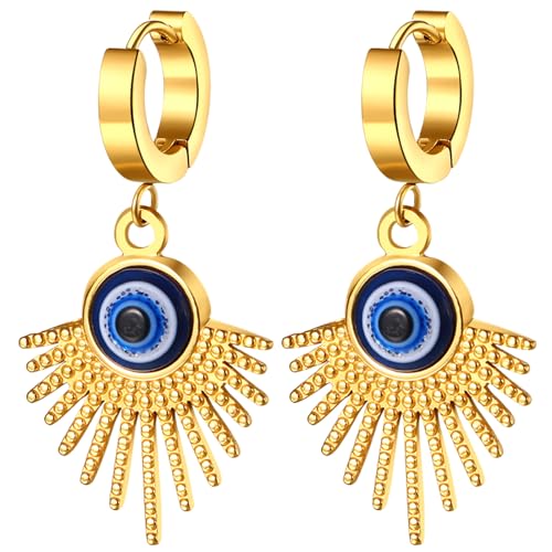 JewelryWe Pendientes Mujer Mal Ojo: Aretes de Aro Ojo Turco de Acero Inoxidable Oro para Señora con Colgante Hipoalergénico Antialérgico Joyas de Suerte Amuleto - Para Uso Diario Regalo