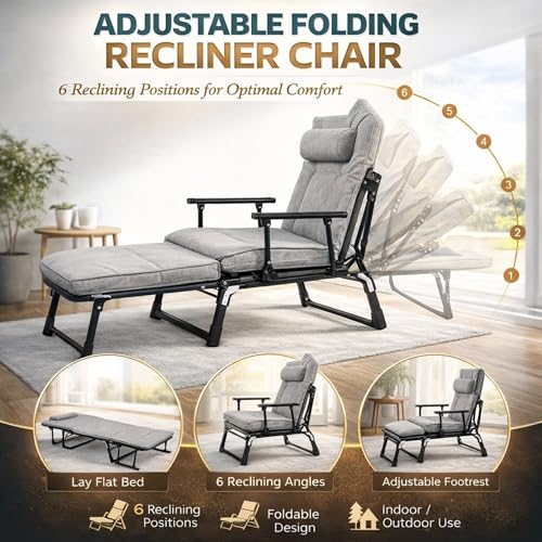 Image of 6-in-1 Adjustable Folding Bed for Adults with Cushion &Neck Pillow -6Ft Portable Recliner Camping Cot,Multi-Position Heavyduty Foldable Sleeping Bed for Home, Travel &Office Nap(200kg capacity)