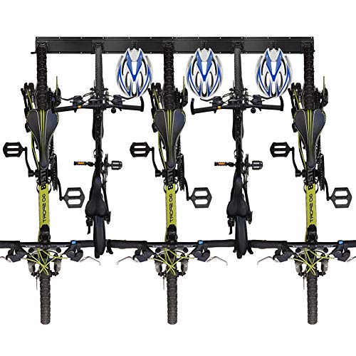 Wall Bike Rack Storage Holds 5 Bicycles and 3 Helmets for Garage Space Saving?Adjustable Heavy Duty Bike Wall Stand Hanger Fits All Bikes even Wide tire mountain bike and beach cruiser, hold 520 lb