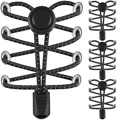 AMLY 4 Pairs of Elastic No Tie Shoelaces, Upgraded Lock, Reflective Shoe Laces for Kids and Adults (Black- Black-Black-Black)