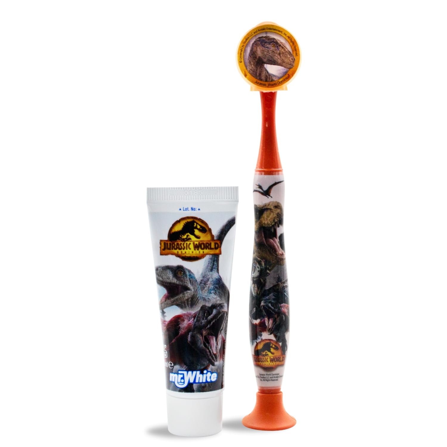 Jurassic World - Kit da viaggio per l'igiene orale, contiene dentifricio al gusto di fragola e spazzolino da denti con tappo di protezione, ventosa, manico comodo e setole morbide per bambini