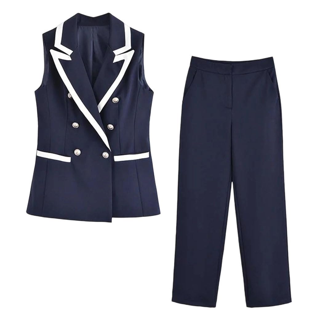 Women Double Breasted Vest Pants Set Cropped Sleeveless Top And Straight Trousers Office Work Outfit