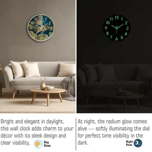 Image of RANDOM Modern 12.75INCH Wall Clock with 3D Radium Numbers, Silent Non-Ticking, Premium Golden Frame, Ultra Clear Glass for Living Room, Home Office