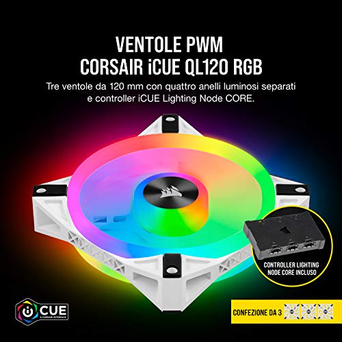 QL120 RGB Ventola con 102 LED RGB Regolabili, Fino a 1.500 Giri/Min, Silenziosa, Smorzatori in Antivibrazione, iCUE QL 120 mm, Confezione da 3 con Lighting Node CORE, Bianco - Sistema di raffreddamento - Immagine 2