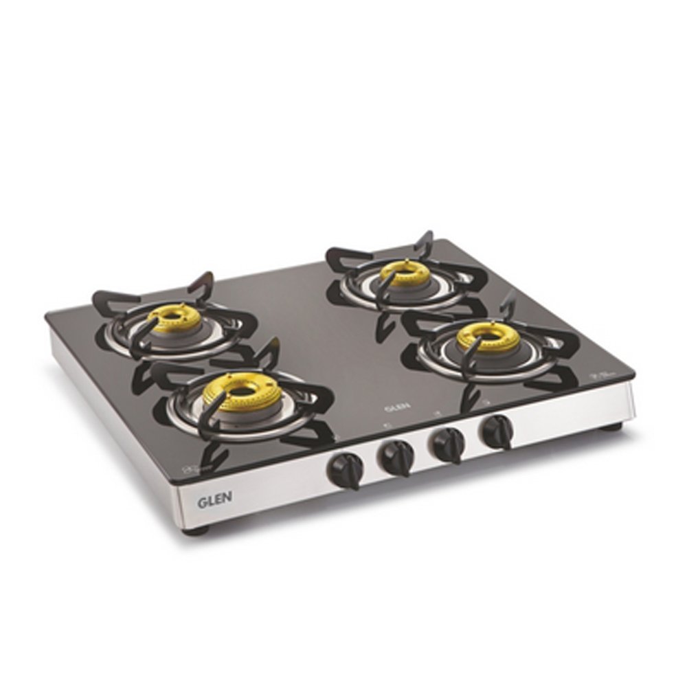 4 Burner Glass Gas Stove 1 High Flame 3 Forged Brass Burners (1042 GT FB)