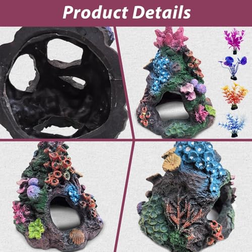 Image of PINVNBY Colorful Coral Small Fish Tank Decorations with 4PCS Artificial Aquarium Plants, Resin Mountain Ornament for Goldfish Betta Fish Tank Cave Hideout Sleep Rest Play Breed