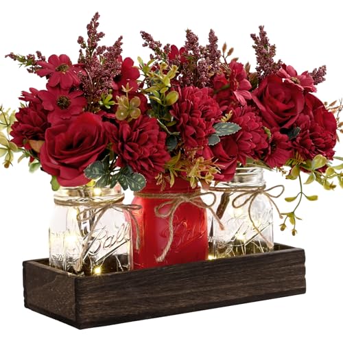 BLEUM CADE Centerpiece Table Decorations - Mason Jar Lights Centerpiece for Kitchen Dining Table Farmhouse Coffee Table Wedding Home Decor with 3 Jars Artificial Flowers & Wood Tray