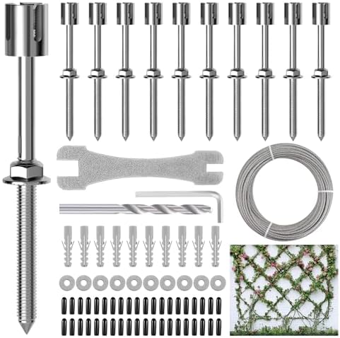 RiaYer Trellis Kit Garden Plant Support System, 10 Sets T316 Stainless Steel Cable Plant Training Set with Wall Mount Hardware, 53Ft Climbing Plants Guide, WT004