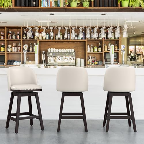 Cozyman Counter Height Bar Stools Set of 3, 26' Swivel Bar Stools with Faux Leather Upholstered Seats, Solid Wood Legs, Retro Nailhead Trim Barstools for Kitchen Island, Beige
