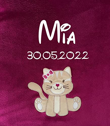 KIDDI-MEDIA Manta para bebé con nombre y fecha de nacimiento, bordada / suave / calidad 1A (baya – gato)