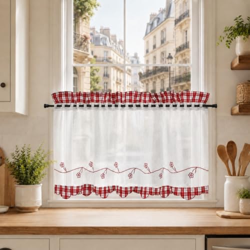 Yujiao Mao Rideau Cuisine Court, Rideaux Brise-Bise Transparent Broderie Rouge HxL 45x90cm pour Intérieur, Salle à Manger, Chambre, Fenêtre