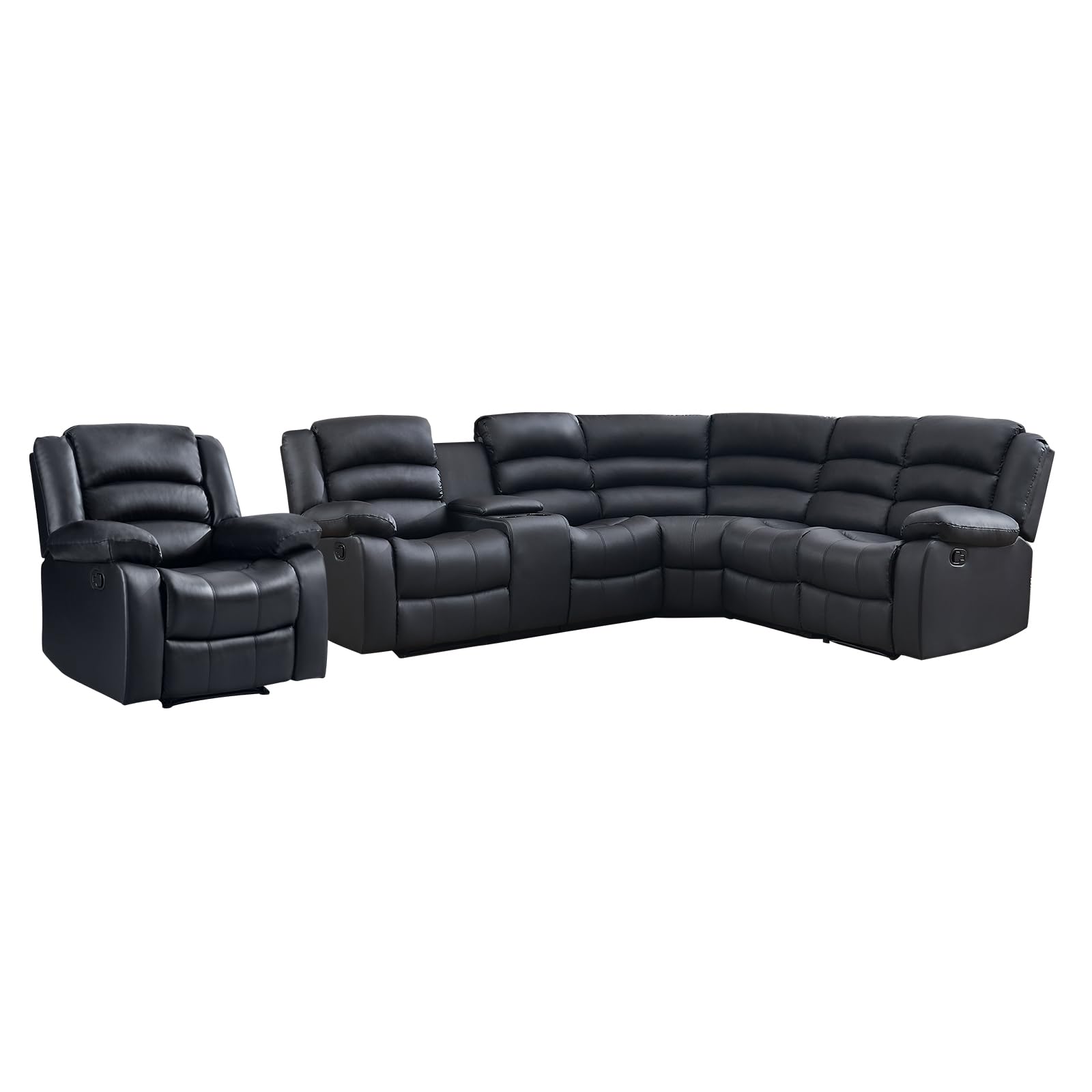 EBELLO Faux Leather Reclining Sectional Sofa Set, a Manual Recliner Chair and L-Shaped Sofa, with Cup Holders, Storage Space, a Convertible Backrest 6 Seats Home Furniture Set for Living Room, Black view 8