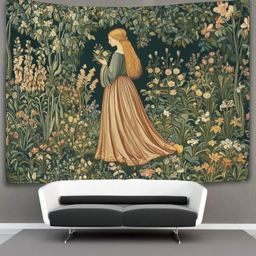 kaiyun Mujer medieval Tapiz Para,Jardín verde oscuro con césped y flores Tapices Artísticos Decoración Para Colgar En La Pared Para Sala De Estar Dormitorio Y Dormitorio 70cmx100cm