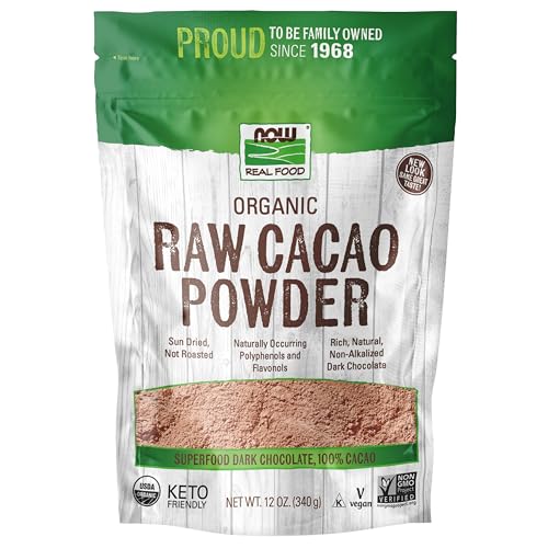 NOW Foods, Organic Raw Cacao Powder, with Polyphenols and Flavonols, Sun-Dried, Intensely Rich Flavor, 12-Ounce (Packaging May Vary)