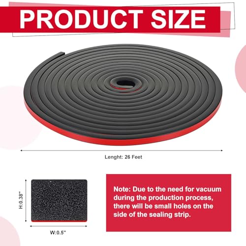 Pangda 26 Ft Rectangular Rubber Seal Strip with Self-Adhesive Tape, 0.5" W x 0.38" H Foam Rubber Weather Stripping for Boat, Automobile, RV, Ship, Garage Door/Window Seal, Black (Solid) by Pangda - Image 2