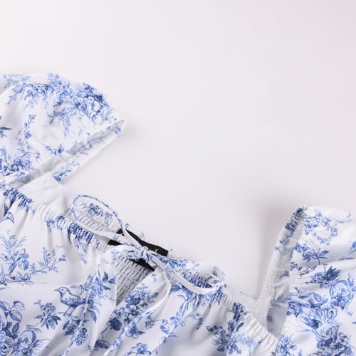 Image of Scarlet Darkness Summer Spring Split Floral Corset Midi Dress with Pockets | Floral dress with elastic sleeves, tie square neck, smocked back, 3 boned waist, left zip, side pockets, front thigh slit