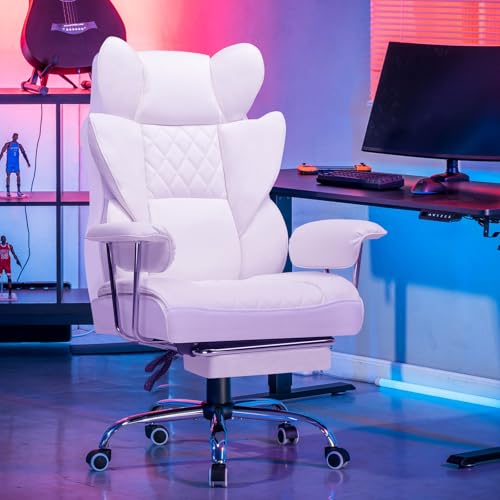 GTPLAYER Gaming Stuhl, Bürostuhl mit Taschenfeder-Lendenwirbelstütze, ergonomischer und komfortabler breiter Büro-Computersessel mit nach außen fixierten weichen Armlehnen und Fußstütze Leder Weiß – Bild 3