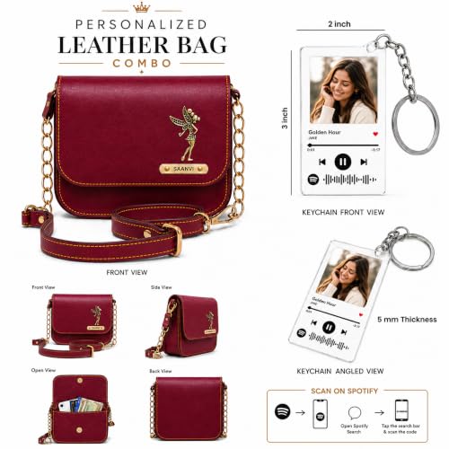 Image of SAVRI Personalized Rakhi Gift for Sister | Customized Leather Sling Bag with Name & Charm and Spotify Photo Keychain with Favourite Song, Personalised Gift Combo for Sister, Behan, Didi- Bro Sis Gift