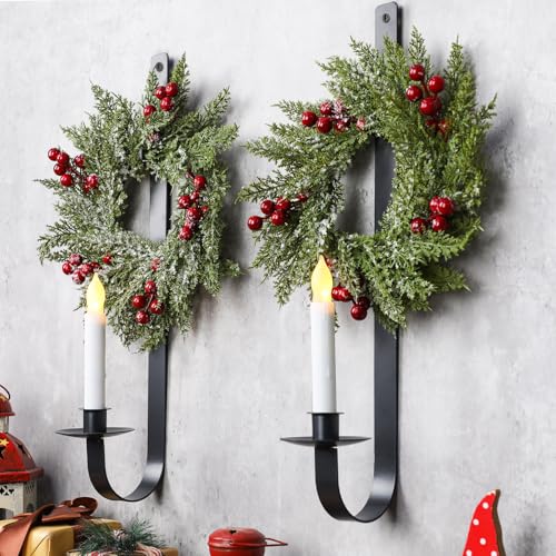 SiliFine 2 Set Christmas Metal Wall Candle Sconce Holder Wall Mount Candle Holder with Berry Wreath for Farmhouse Living Room Entryway Fireplace Bedroom Bathroom Decor, Only Applicable to LED Candles
