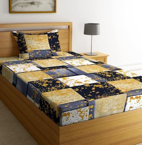 Image of NHD HOME Premium Cotton Printed Single Bedsheet with One Pillow Cover for Coat /Diwan / 4x6 Bed 180 Tc (150x225 cm, Black & Beige) बेडशीट