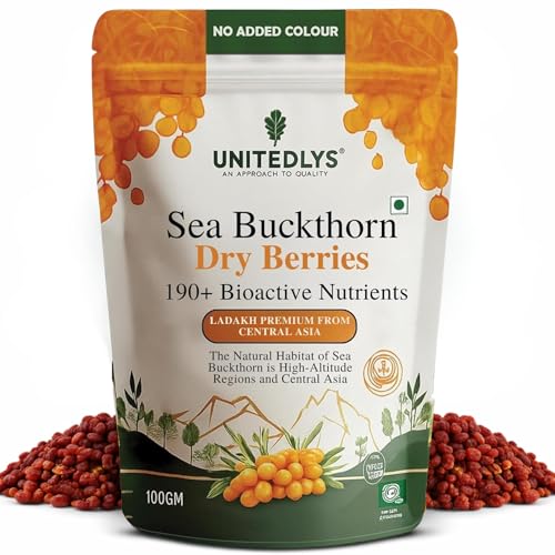 Image of Unitedlys Himalayan Sea Buckthorn Berry 100g | Sun-Dried, Natural & Unsweetened | Rich in Omega 3 6 7 9, Vitamin C & E | Dried Sea Buckthorn Berry for Skin, Immunity, Gut & Heart | No Preservatives