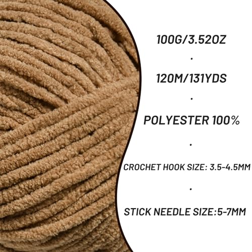 Image of Plush Chenille Chunky Crochet Yarn - Baby Yarn for Crocheting Soft - Velvet Yarns Knitting for Blankets Crafts - Fluffy Amigurumi Yarns 100g / 131yd (Light Coffee)