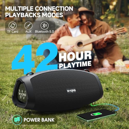 W-KING Bluetooth Lautsprecher Groß, 120W Peak Musikbox Bluetooth Box Lautsprecher Wasserdicht IPX6 Stereo Outdoor Party Boom Box, DREI Passive Radiatorens-Super Bass/DSP/2 Woofer/42H/TF/AUX/EQ/Öffner