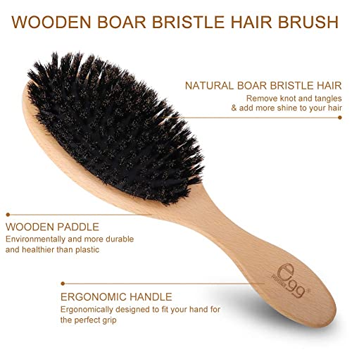 Black Egg Boar Bristle Hair Brush For Women Men Kid, Soft Natural Bristles Brush For Thin And Fine Hair, Restore Shine And Texture, Set Includes Bamboo Comb And 3 Hair Ties thumb #6
