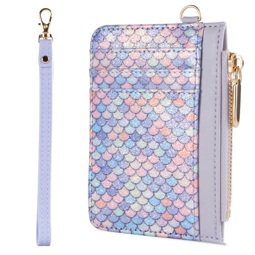 Small Wallet Mermaid RFID Protected Leather Credit Card Holder Slim Wristlet Strap Wallet with Zipper Pocket, Card Organizer for Women Girls(Light Purple)