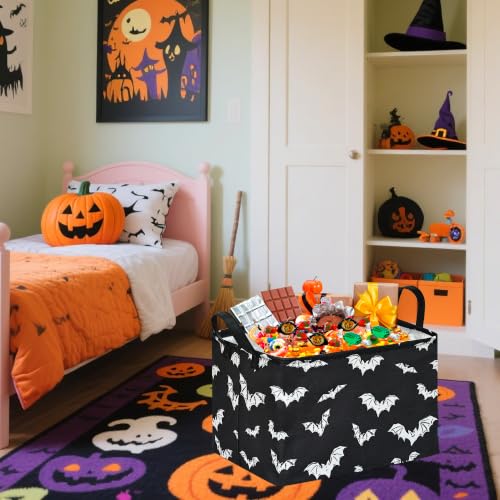 Image of Halloween Bat Storage Basket for Kids Room, Foldable Toy Organizer Bin | Halloween Bat Storage Basket with Waterproof Lining, Leather Handles and Foldable Design for Kids' Rooms and Party Gifts