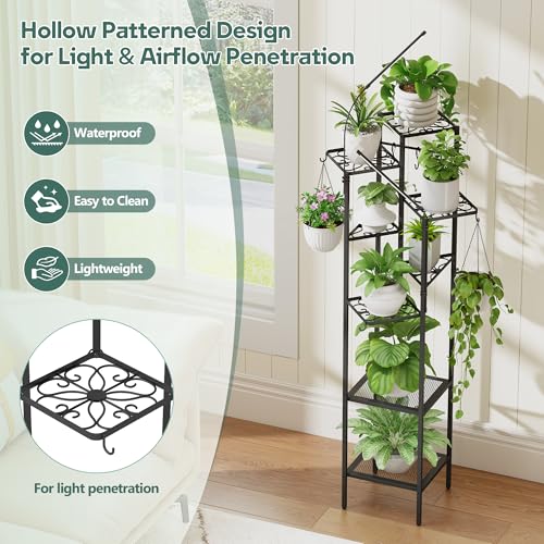 Image of Quikraen 8-Tier Black Plant Stand with Grow Lights, 58.5 inch Tall Ultra-Narrow Corner Plant Shelf with 2-Head LED Grow Light & Hanging Hooks, Space-Saving Metal Flower Pot Holder Rack for Indoor Plants, Patio, Balcony