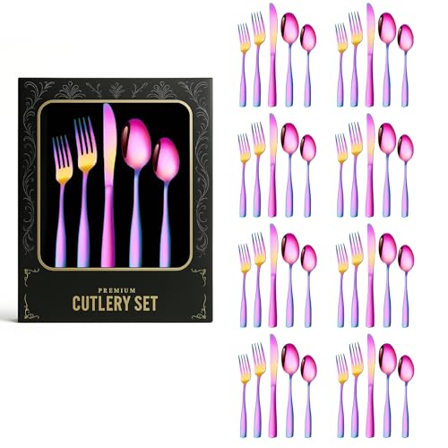 Image of aDai Premium Cutlery Set | Stainless Steel Tableware | Mirror Finish | Includes Spoon Fork Knife & Teaspoon | Elegant Flatware Set for Dining, Parties & Gifting (Rainbow, Set of 40)