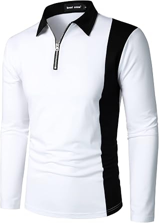 HOOD CREW Mens Long Sleeve Polo Shirts Fashion Color Block Zipper T Shirts