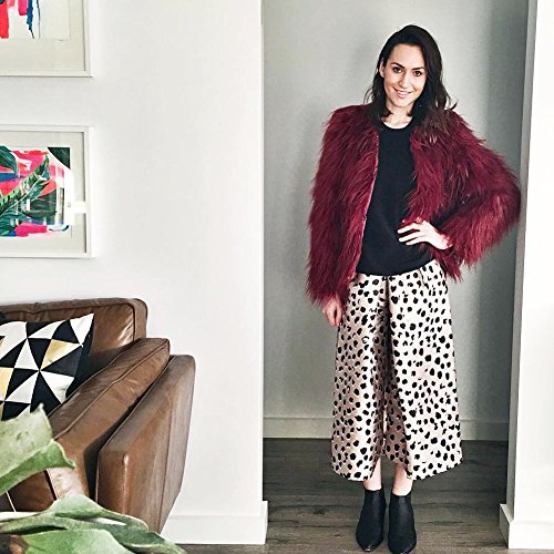 Anself Women's Shaggy Faux Fur Coat Solid Color Long Sleeve Short Jacket Burgundy