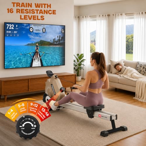 Image of PowerMax Fitness RH-125 Rowing Machine for Home Use, 16-Level Magnetic Adjustable Resistance | 4KG Flywheel | 79cm Slide Rail Length | LCD Display | Full Body Cardio Workout