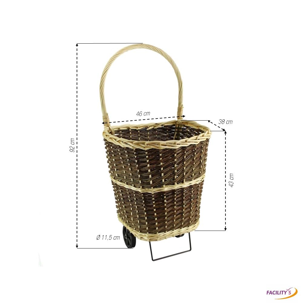 FACILITYS - Carro para Leña de Mimbre, 55 L – Carro de Transporte de Leña, 25 kg Máx, 46 x 43 x 92 cm – Carro Guarda Leña Interior, para Chimenea – Carro con Ruedas – Leñero Interior- Capazo Leñero