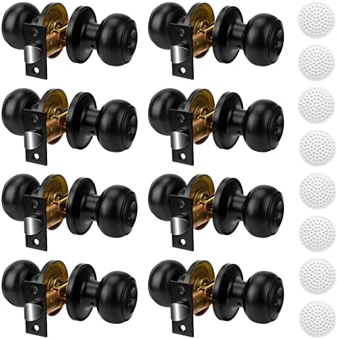 BAUMFEUER 8 Pack Matte Black Door Knobs, Privacy Interior Lock Bedroom Bathroom Keyless Doorknob Handle Lockset with hardware and Instruction Included, and Stopper Wall Protector
