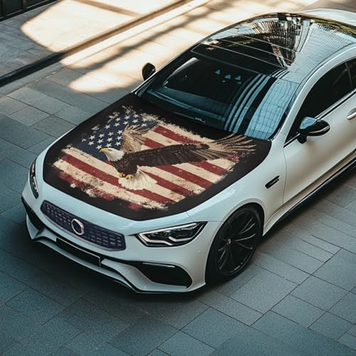 Image of Bald Eagle American Flag Style Car Hood Cover Stretchable Car Hood Protector Waterproof Sun Proof 4th of July Patriotic Decorations Easy Installation for Most Sedans SUV Trucks Pickup