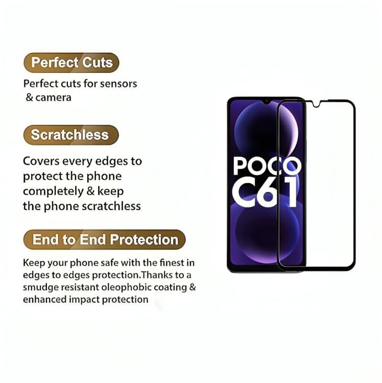 Image of Tempered Glass Screen Protector Compatible For Poco C61 Smartphone Full Screen Coverage (Except Edge To Edge) And Free Complete Easy Installation Kit