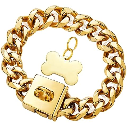 W/W Lifetime Big Chain Collar Metal Chain Collar with Design Secure Buckle, 18K Gold Cuban Link Chain 23MM Strong Heavy Duty Chew Proof Walking Collar for Small Medium Large Dogs (23MM, 26") Cover