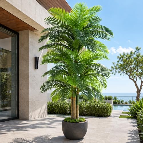 Image of 10ft Tall Triple Golden Cane Palm Artificial Tree Large Tropical Palm Tree UV Resistant Fake Plant in Pot for Indoor Outdoor Big House Living Room Outside Patio Office Home Decor 1Pack