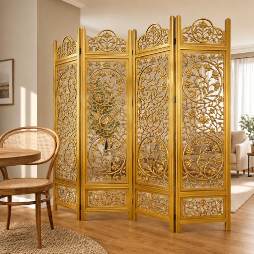 Image of Wooden Room Partition and Folding Privacy Screens Wooden Room Divider for Bedroom Home Office Room Divider Room Partition (6 Feet 4 Panel Golden Each Panel 72X20 Inch)