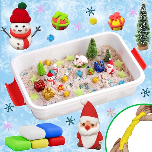AGENTLAN Christmas Sensory Bin,Snowman Making Kit for Kids,Christmas DIY Modeling Clay Making Kit,Xmas Sensory Toys for Holiday with Play Sand for Toddlers,Christmas Kids Toys Gift