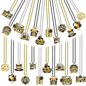 New Year Beads Necklaces with Pendant, 48pcs New Year Eve Beads Necklaces Black Gold Happy New Year Paper Pendant New Year Accessories 2025 for New Year Party Favors