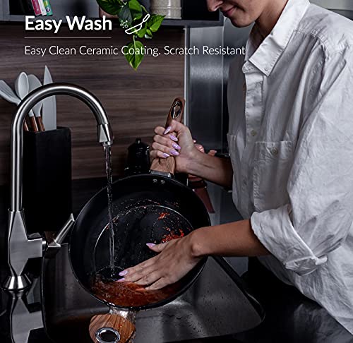 Phantom Chef 11" Deep Frypan 5 Qt Wok | Aluminum Body Non-Stick Ceramic Coating | With Soft Touch Stay Cool Handle | Dishwasher Safe | Non-Toxic Pfoa & Ptfe Free (Black) #TOP5