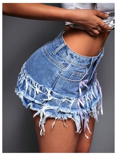 MakeMeChic Women's Denim Skirt Bow Knot Y2K Raw Hem A Line Mini Jean Skirts3