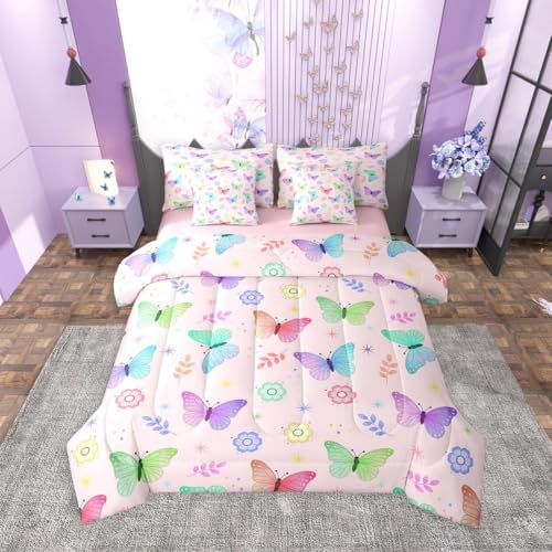 Image of Cartoon Butterflies 7 Pieces Bedding Set King Size,Cute Colorful Daisy Bed in a Bag,Flying Butterfly Bed Set Includes Comforter,Sheet Set,Pillowcases & Pillow Covers,Rainbow Gradient Bedroom Decor