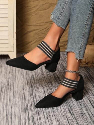 Slip-on Pointy Toe Dress Pumps for Women Suede Chunky Heels with Elastic Strap Women's Comfortable D'Orsay Low Block Pump Shoes for Wedding Party Business 2.4"4