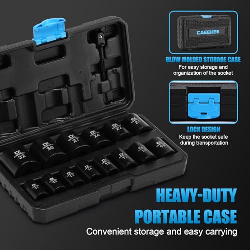 Image of 15PCS 1 /2 inch Drive Shallow 12-Point Impact Socket Set, Metric(11mm - 32mm), Cr-V Steel, Includes Drill Socket Adapter